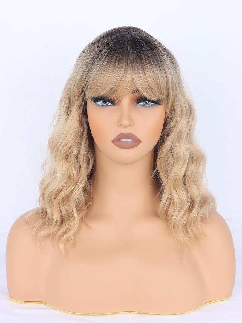 Blonde Wavy Wig with Bangs for Women Shoulder Length Synthetic Wigs Natural Wavy Blonde With Dark Brown Roots Heat Resistant for Daily Party Use (14 Inch, Ombre Blonde 01)