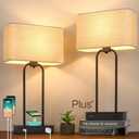 Set of 2 Wireless Charging Touch Control 3-Way Dimmable Table Lamps, Beside Nightstand Lamps for Bedroom with USB Port & AC Outlet, Living Room Office End Table Modern Black Lamps, LED Bulbs Included