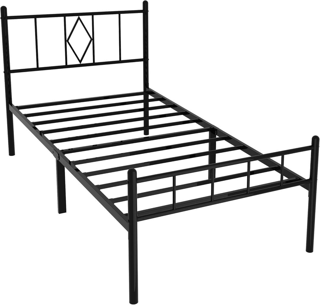 Twin XL Size Platform Bed Frame, Heavy Duty Metal Bed Frame with Headboard, Steel Slat Support, Under Bed Storage Space, Easy Assembly, No Box Spring Needed, Black