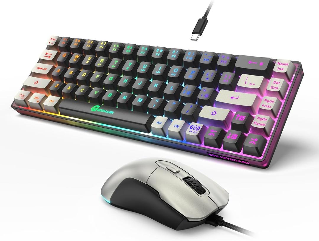65% Gaming Keyboard and Mouse Combo, RGB Backlit Keyboard + 7200 DPI Gaming Mouse, Ultra-Compact Anti-Ghosting Wired Keyboard and Mouse for PC Laptop Gamer