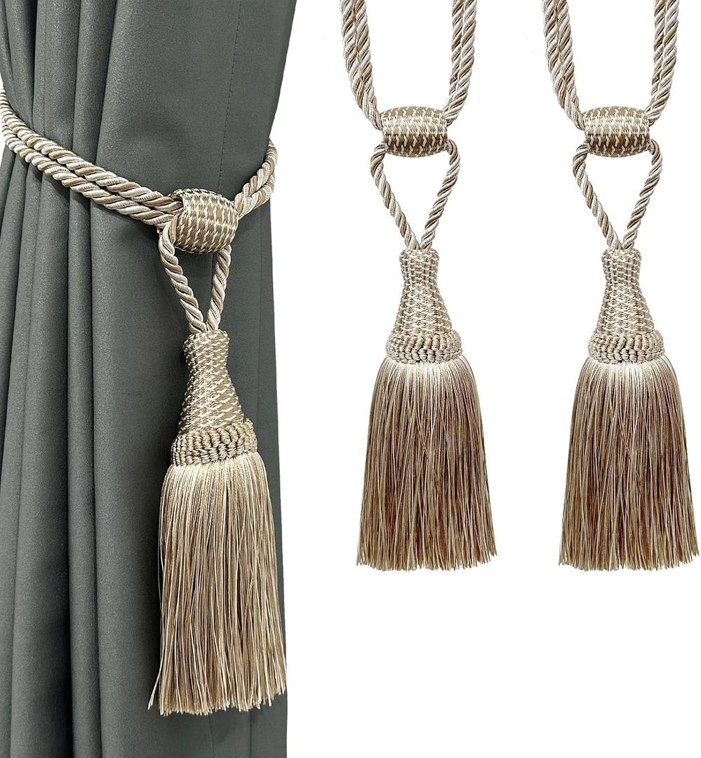 Fenghuangwu Curtain Tiebacks Handmade Elegant Curtain Tie Backs Holdbacks with Tassel for Home Office Decor 2 Pack - Beige