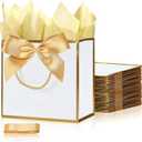 SHIPKEY 10PCS White Gift Bags (Gold Trim), 11"x4"x8" Medium Welcome Bags, Luxury Shopping Bag with Ribbon Handle and Bows (28x10x20cm)
