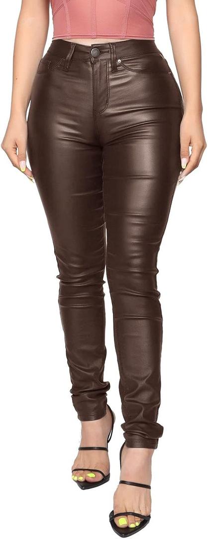 Womens High Waisted Stretch Faux Leather Pants PU Coated Legging Juniors (7, 020- Dark Coffe)