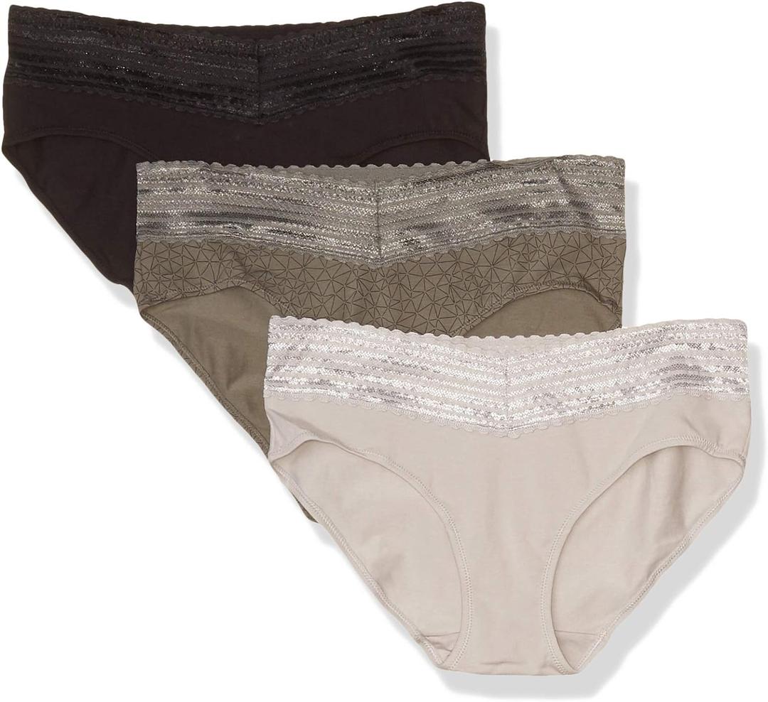 Warner's womens Blissful Benefits No Muffin Cotton Stretch Lace Multipack Hipster Panties, Stone Crystal Web/ Platinum/ Black, Medium US
