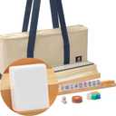Yellow Mountain Imports American Mahjong Set, Harbor Snow with Beige and Blue Canvas Tote Bag - 4 All-in-One Racks with Pushers, Wright Patterson Scoring Coins, Dice, & Wind Indicator
