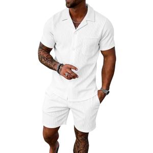 UOUA 2 Piece Short Sets for Men Summer Beach Outfits Stripe Texture Button Down Shirts & Shorts Casual Vacation Set (White, M)