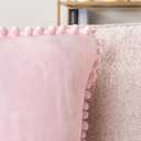 PAVILIA Light Pink Throw Pillow Covers with Pom Pom 18x18 Set of 2, Decorative Pillow Cases for Bedroom Aesthetic, Small Throw Pillows Set for Bed, Velvet Euro Plush Cushion Covers for Sofa Couch