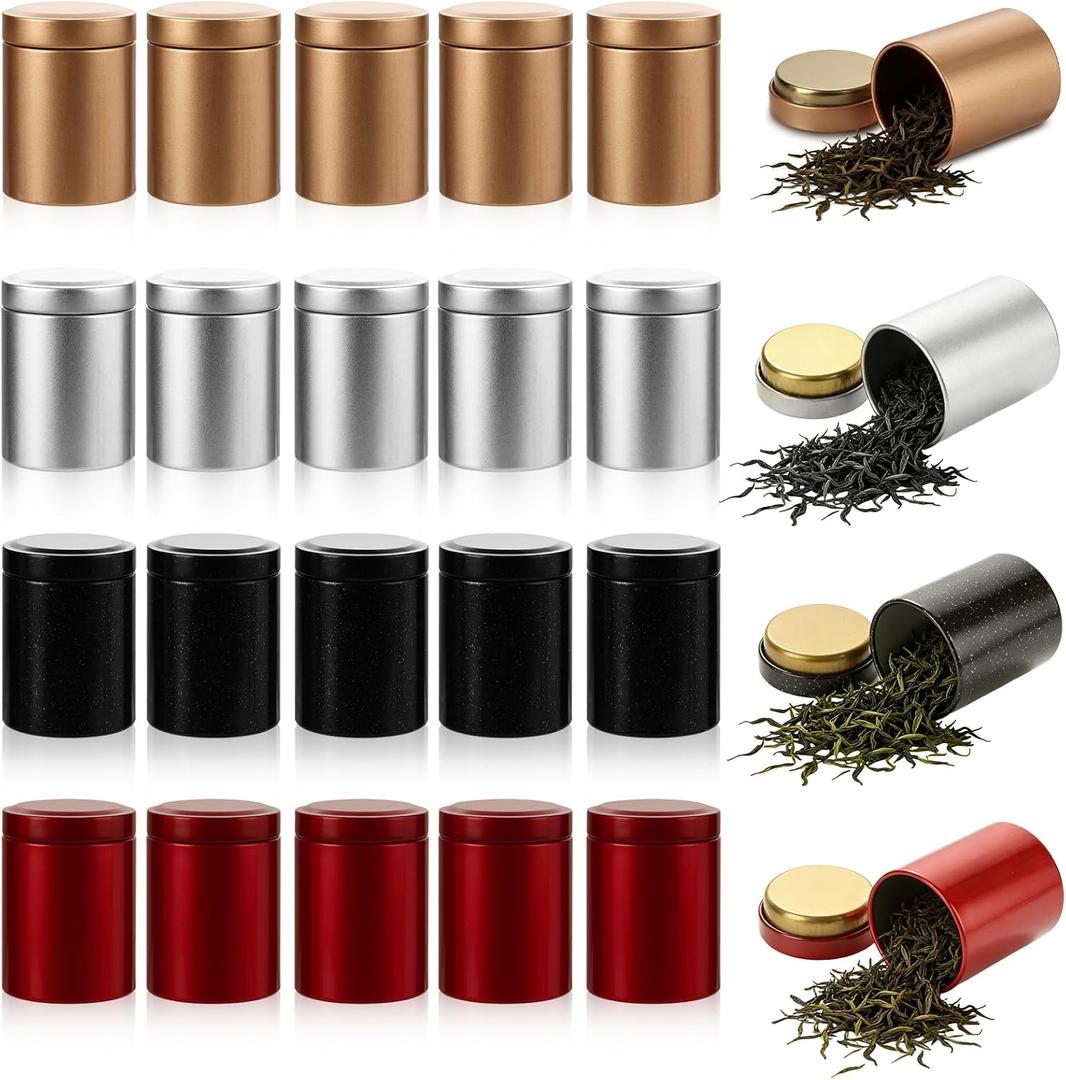 Acrux7 20 Pack Small Tea Tin Canisters with Airtight Lids, 1.8"x2.6" Empty Metal Loose Leaf Tea Round Storage Containers for Loose Teas, Coffee, Candy, Herbs, Spices