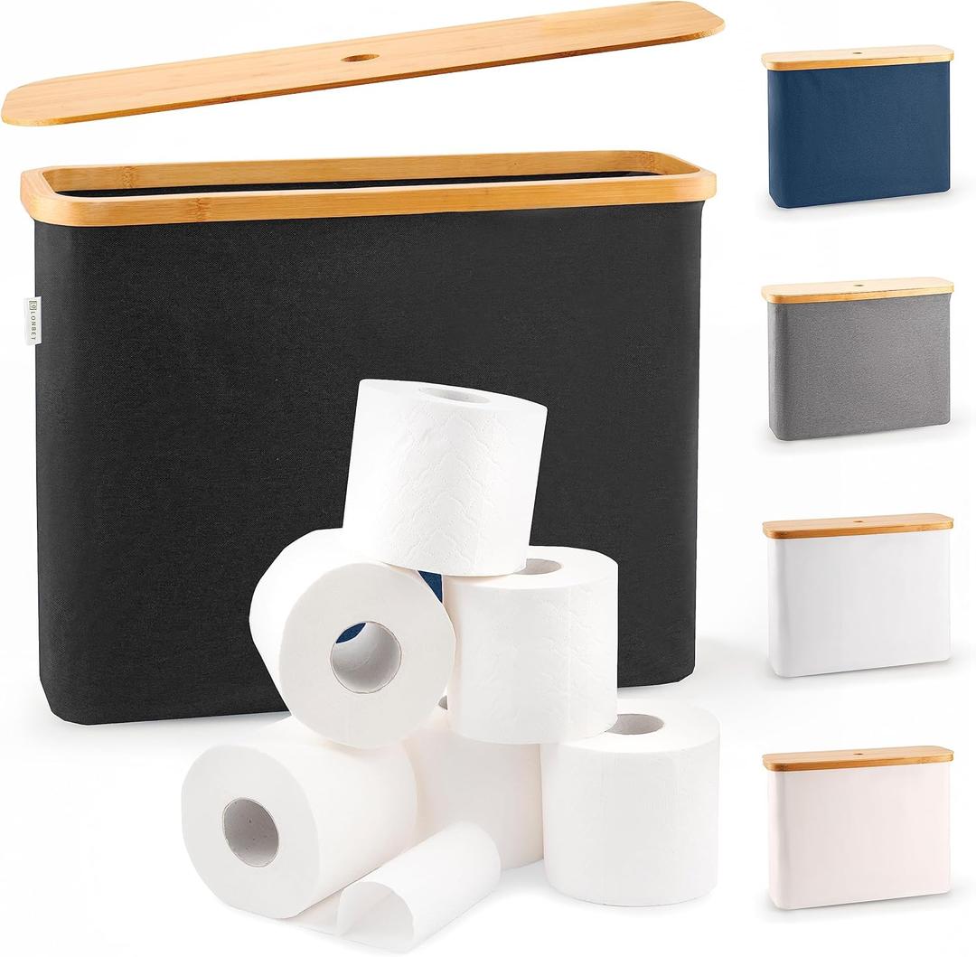 Lonbet Toilet Paper Storage for 12 Rolls, Stackable & Foldable - The Ultimate Bathroom Organizer - Waterproof Basket with Bamboo Lid - Elegant Toilet Paper Storage Holder, Black