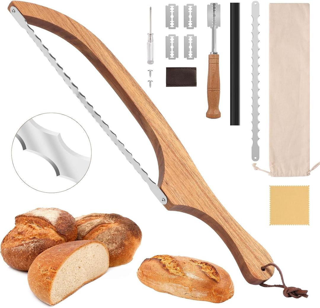 Sourdough Bread Knife, 15.7" Acacia Wood Double Serrated Bread Slicer, Ergonomic Handler, Premium Stainless Steel Bread Bow Knife for Homemade Bread, Bagels, and Baguettes (0.8mm Blade thickness)