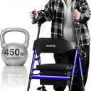Upright Walkers for Seniors, 450 lb Heavy Duty Stand Up Rollator Walker with Adjustable Soft Sponge Armsupport & Seat, Tall Standing Folding Rolling Walker with 8'' Wheel, Blue
