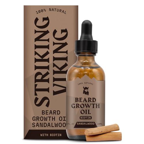 Striking Viking Beard Growth Oil with Biotin - 2 Fl Oz, 1 Pack, Sandalwood - Thickening, Conditioning Biotin Beard Growth Serum for Men with Argan & Jojoba Oil - Facial Hair Serum for Men