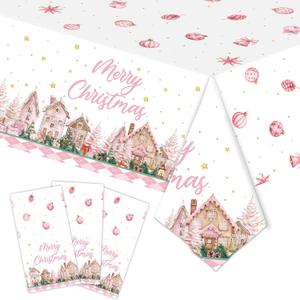 3PCS Pink Christmas Tablecloth Disposable Plastic 54x108 Inch, Rectangular Xmas Table Cover with Christmas Tree Design for Holiday Party Dinner Home Decor