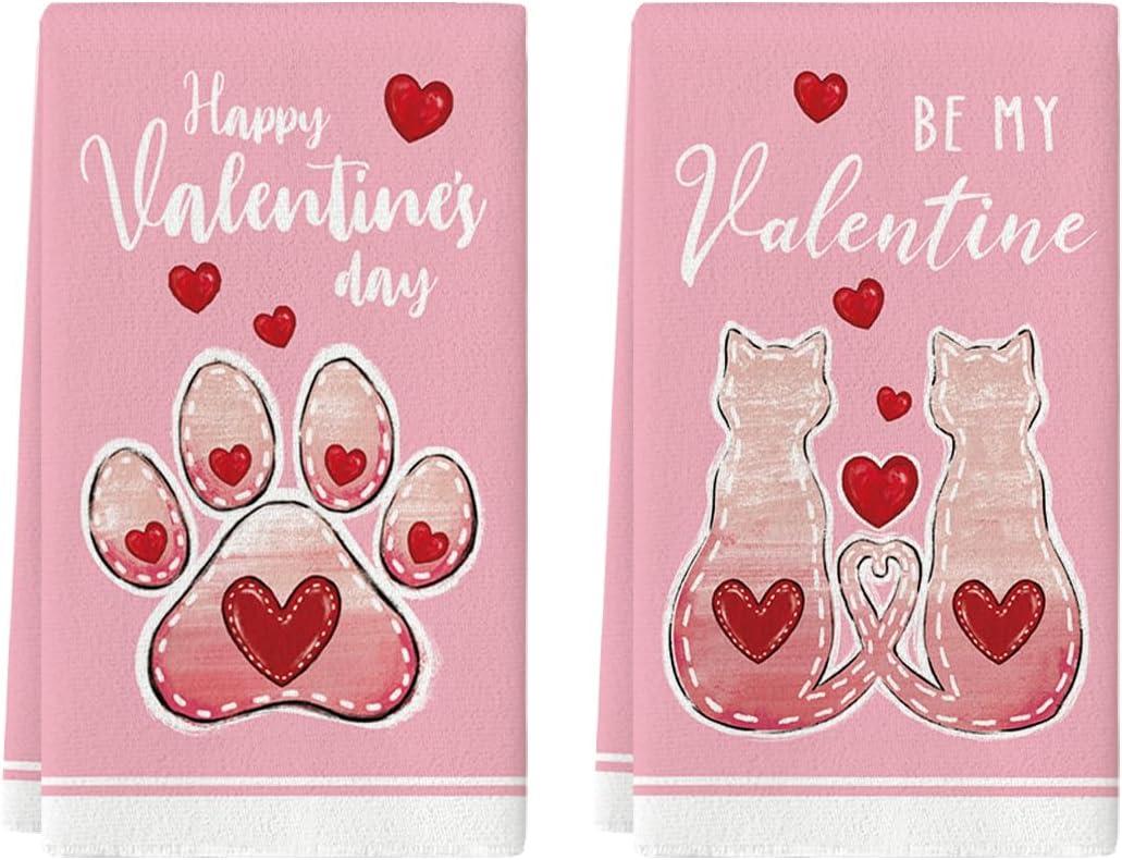 Artoid Mode Pink Cat Paw Print Love Heart Valentine's Kitchen Towels Dish Towels, 18x26 Inch Anniversary Wedding Decoration Cleaning, Set of 2