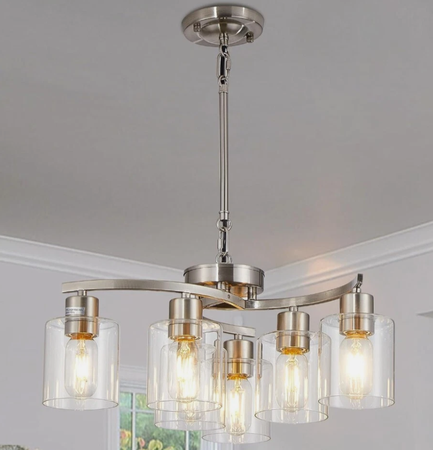 Brushed Nickel Modern Farmhouse Chandelier 6 Light Chandeliers for Dining Room Hanging Light Fixture with Clear Glass Shade, Bedroom Ceiling Light Fixture for Living Room Kitchen Hallway Foyer