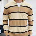 EDITCOZY Men Long Sleeve Polo Shirts Casual Vintage Striped Golf Shirts Knit Rugby Shirt Lightweight Polo Sweater Apricot M