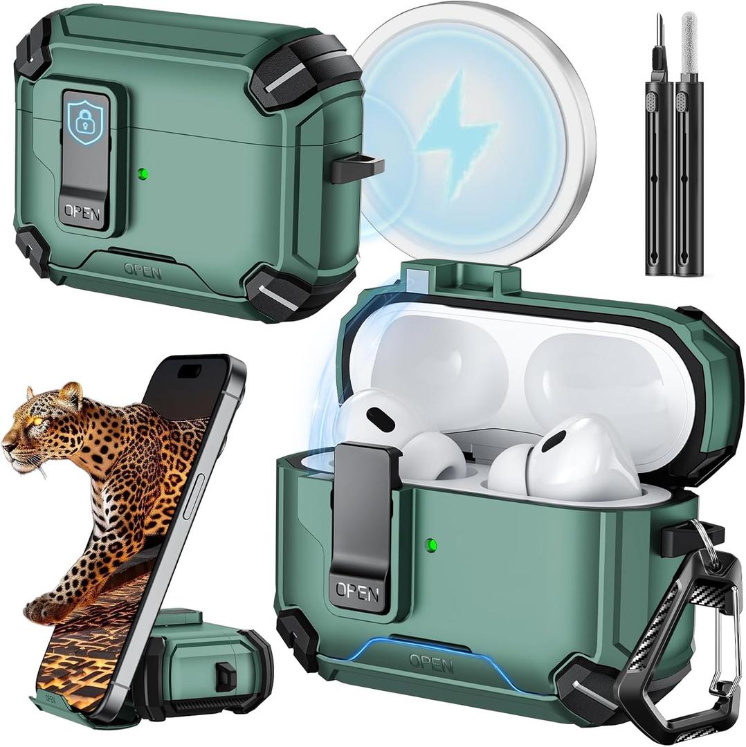 Inesore Compatible with AirPods Pro 2nd/1st Generation Case Cover with Phone Stand & Cleaning Kit,Compatible with Magsafe,Magnetic Automatic Lock for iPod Pro Charging Case(USB-C/Lightning Cable)