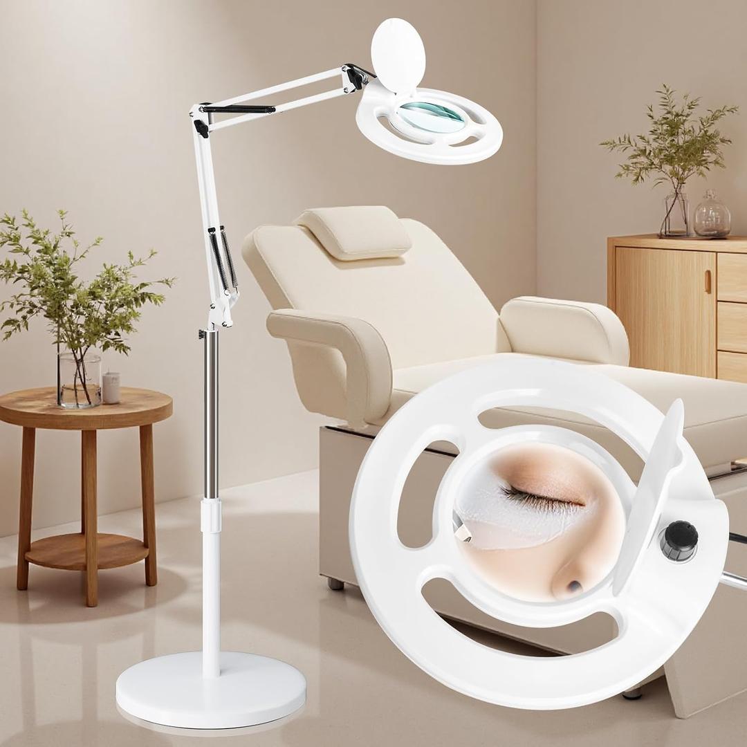 Facial 10X Magnifying Lamp for Esthetician, 2500 Lumens, Stepless Dimmable, Adjustable Swing Arm, LED Lighted Standing Mag Floor Lamp for Eyelash Extensions, Tattoo, Crafts, Nail Art, Pedicure