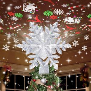 YIJXPOIN Christmas Tree Topper Lighted with 8 Projection Modes, Christmas Star Tree Topper LED Rotating Lights, 3D Silver Snowflake Star Tree Top Glitter Projector for Xmas Party Holiday Decorations