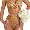 Kaei&Shi Vibrant Floral Embroidery, Underwire, Thong, Thigh Straps, Lingerie Set (12, Light Purple)