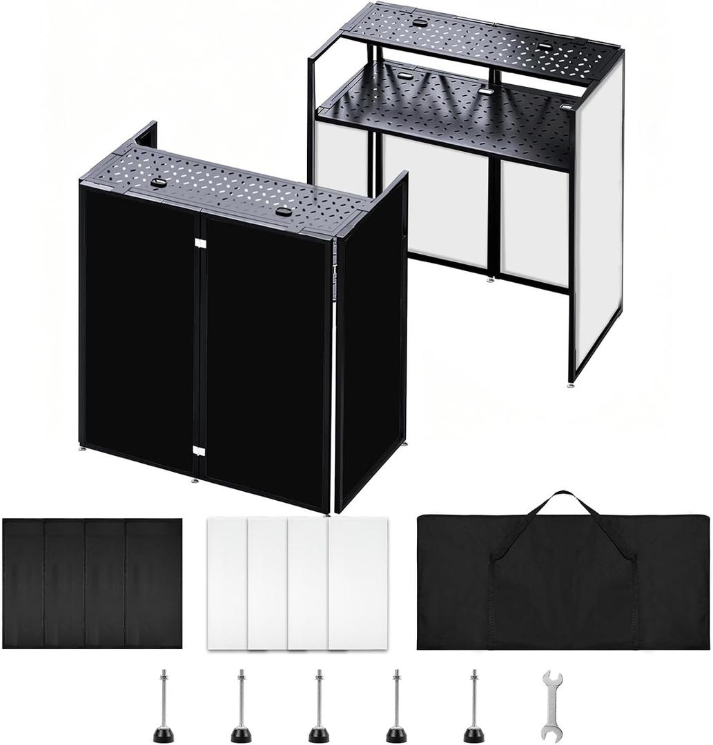 Portable DJ Facade Booth, Foldable DJ Table Stand, 40x20x45 " Tabletop, DJ Facade Station for DJ Controller, Mixer & LaptopEvents&Parties Includes Carry Bag & Black and White Lighting Scrims