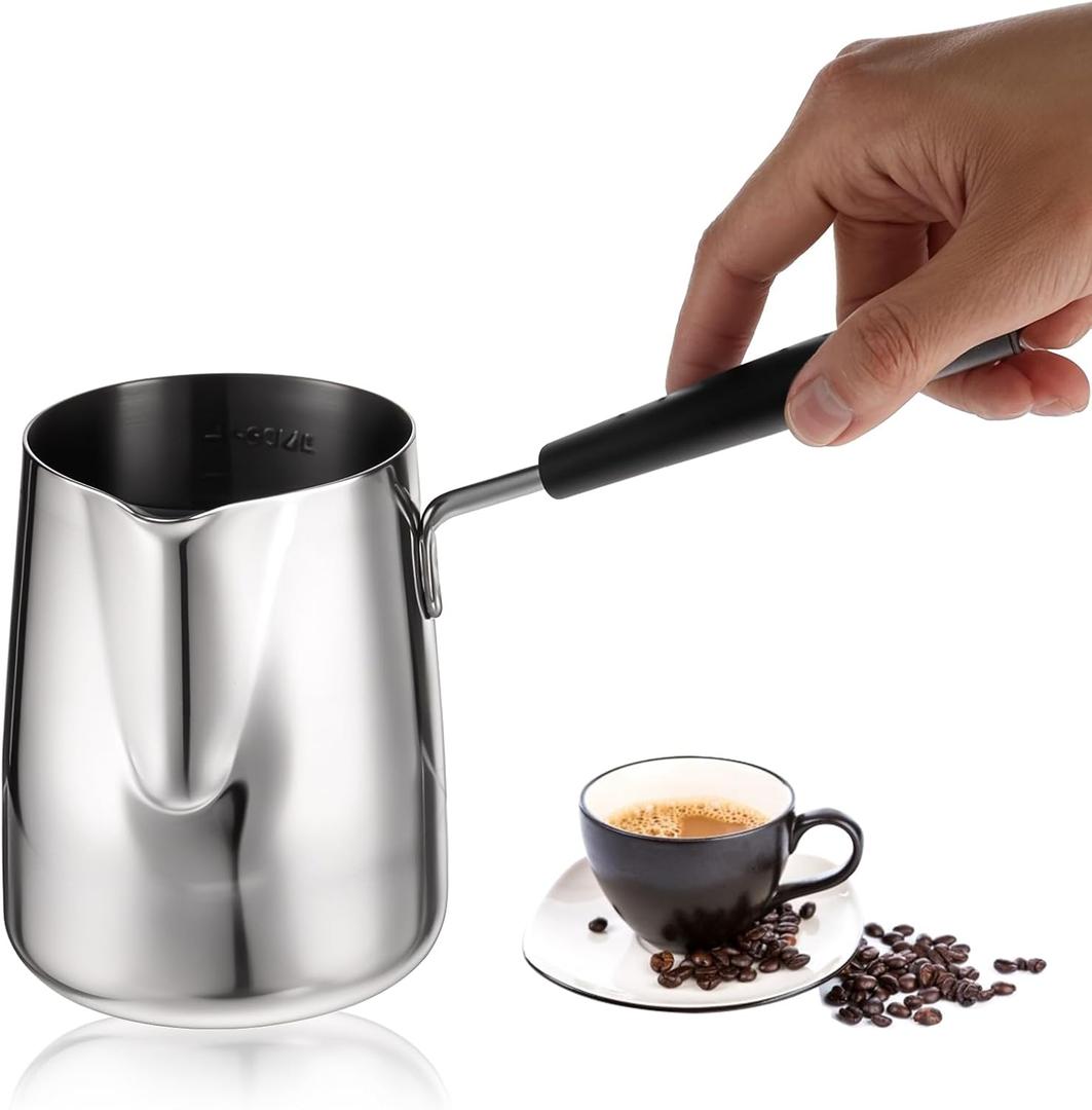 Turkish Coffee Pot, Stainless Steel Milk and Coffee Warmer, Greek Arabic Coffee Pot, Stove Top Tea Maker, Chocolate and Butter Melting Pot with Heat Resistant Handle, 20 OZ, 600 ML