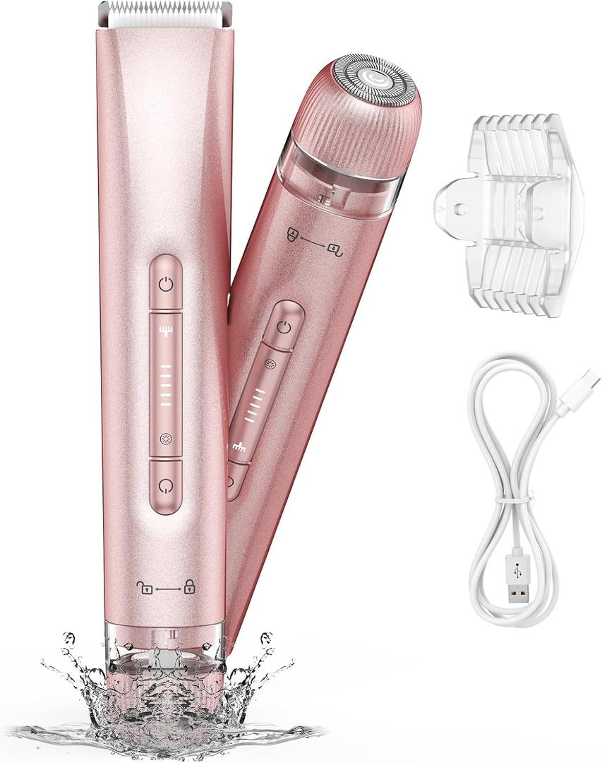 Bikini Trimmer for Women,Bikini Razor for Women Pubic Hair, 2 in 1 Wet & Dry Use Groomer,Painless Body Hair Trimmer for Face Legs Underarm Electric Shavers Razors Rechargable IPX7 Waterproof (Pink)