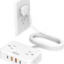 Flat Plug Extension Cord, 6 Ft Ultra Thin Power Strip with 4 AC Wide Spaced Outlets and 4 USB (2 USB-C) Ports, No Surge Protector for Cruise Ship, White Extension Cord for Travel Home Office
