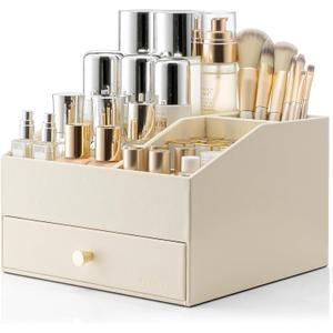 Vlando Makeup Organzier,Vanity Organizer with Drawers, PU Leather Skincare Organizer Perfume Organizer,Large Cosmetic Display Case for Lipstick,Brushes Gifts for Women-Beige (2 Layers-Beige)
