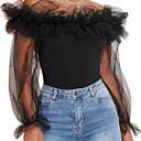 Women's Ruffle Off Shoulder Blouse Mesh Puff Sleeve Party Tops Fitted Tee Shirt XL Black