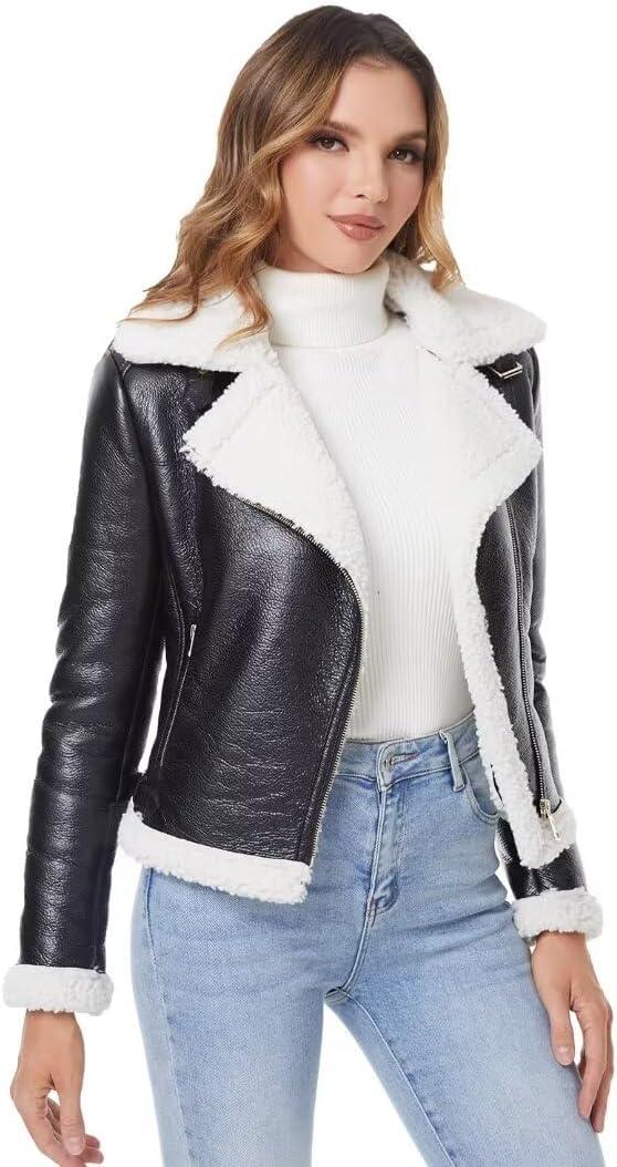 DIASHINY Women's Faux Shearing Fur Winter Coat Warm Thick Fur Lined Faux Leather Jacket, Black-White, Size S