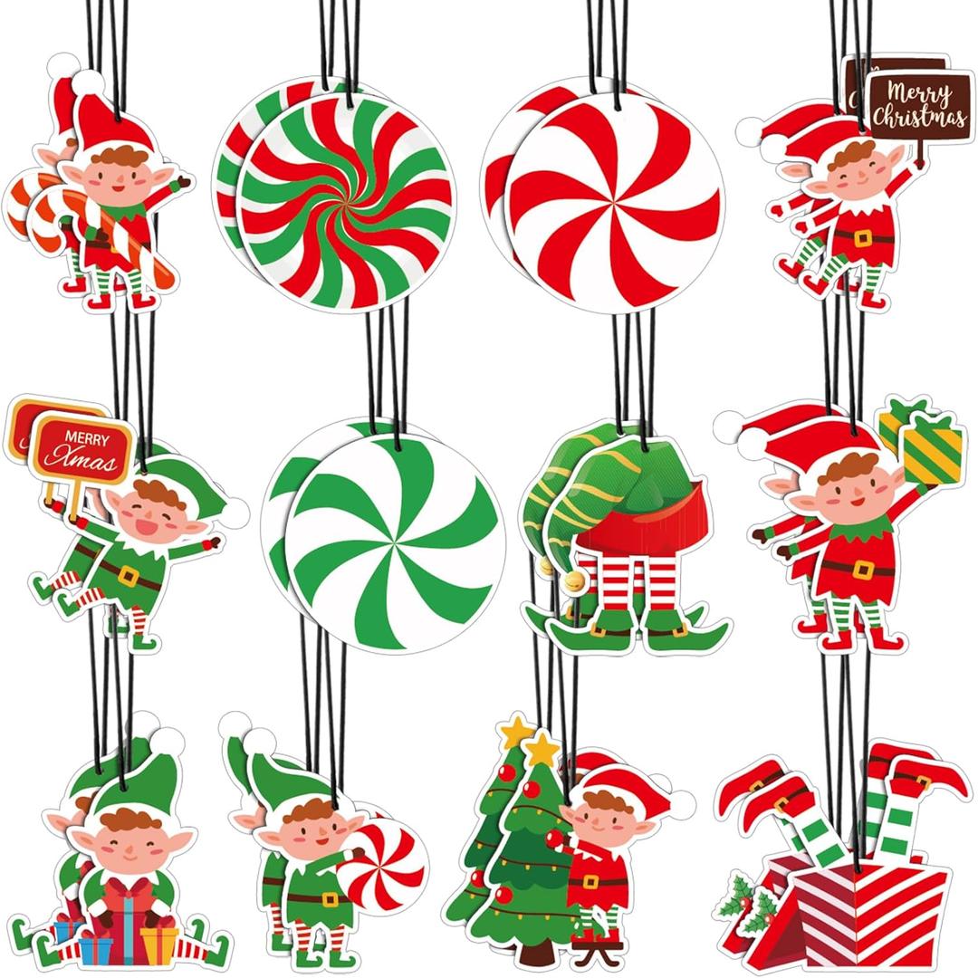 Demissle 24 Pcs Christmas Car Air Fresheners Bulk Lime Green Elf Ornaments Xmas Peppermint Candy Hanging Scents Air Freshener Holiday Rearview Mirror Decor for Women Car Accessories Xmas Gifts
