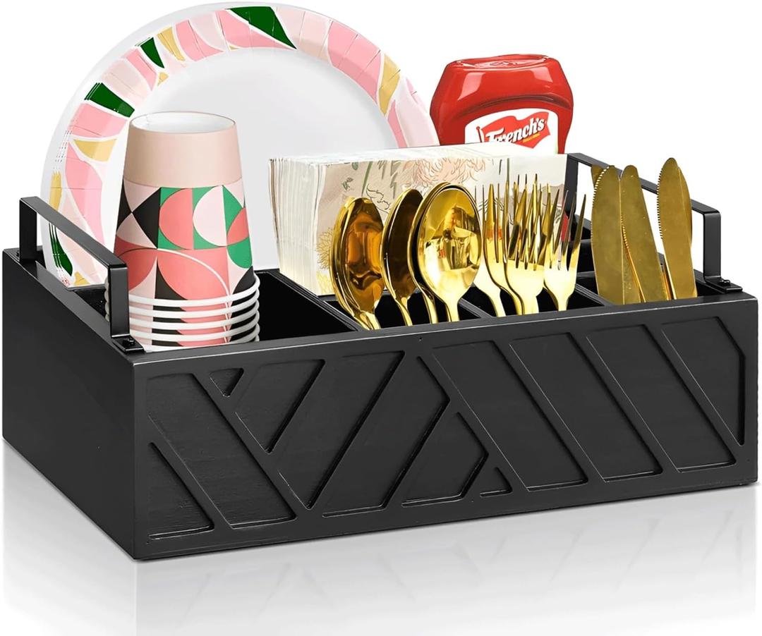 Paper Plate Dispenser with Utensil Caddy, Rustic Wooden 6-Compartment Flatware Organizer for Kitchen Counter, Picnic & Parties (Black)