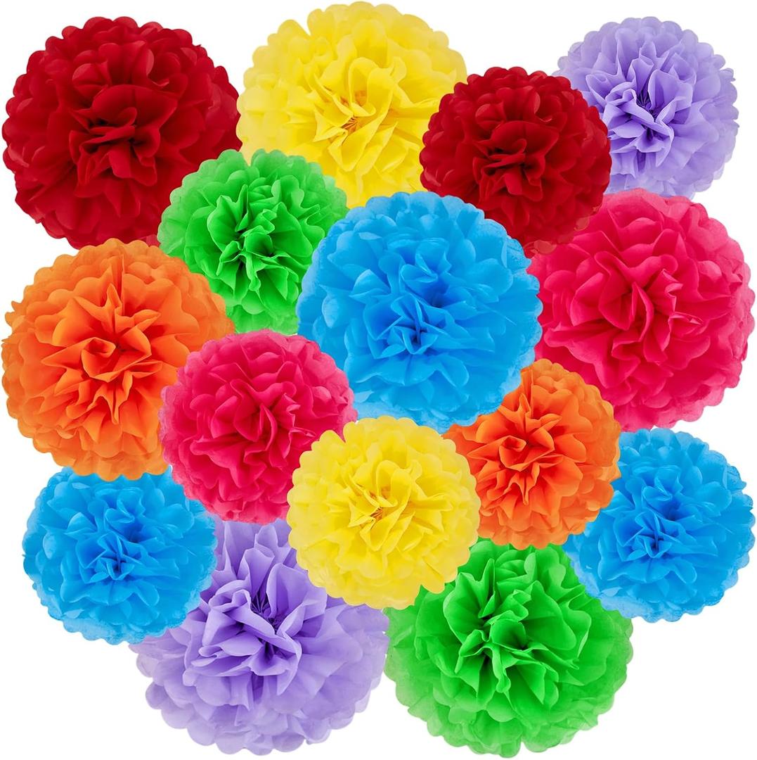 EASY JOY 15 Pcs Multicolor Tissue Paper Flowers Rainbow Hanging Paper Pom Pom Decorations Tissue Pom Poms for Birthday Fiesta Mexican Party Classroom Home Wall Ceiling Wedding Baby Shower DIY Arts