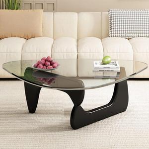Mid Century Modern Coffee Table - Abstract Oval, Triangle Rustic Unique with Wood Legs, Black Transparent, 35.4in