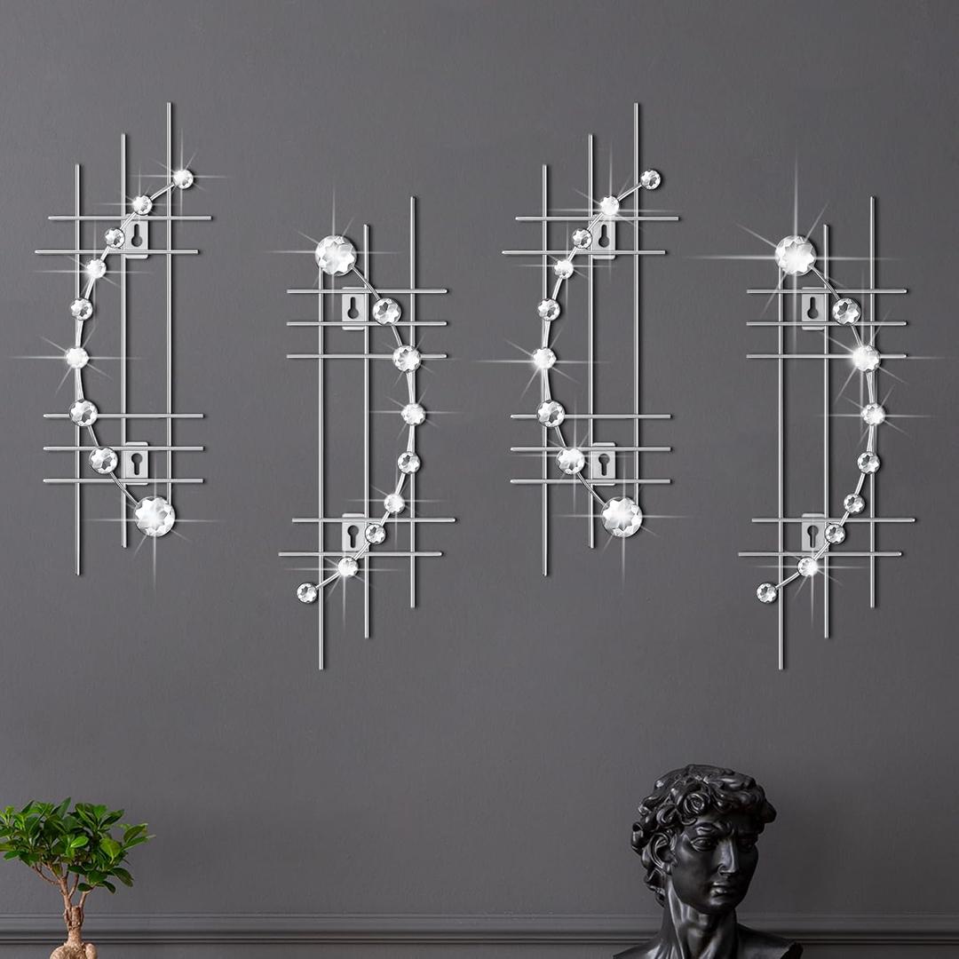 Lingvee 4 Pcs Metal Rhinestones Sunburst Wall Decor 3D Silver Jeweled Art Bling Crystal Home Decorative Metal Wall Art for Living Room for Living Room