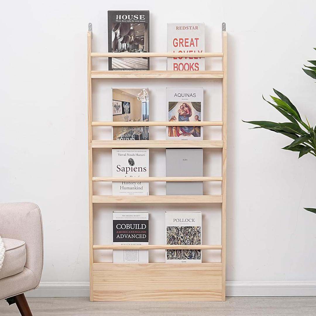 Kids Bookshelf 4-Tier - Space-Saving Behind The Door Storage Shelf - Pine Wood Thin Bookshelf 4 Shelves Wall Mounted - Suitable for Children's Books in Bedroom, Living Room and Nursery