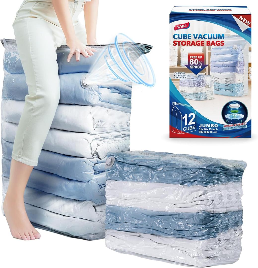 TAILI 12 Pack Vacuum Storage Bags, Jumbo Cube Space Saver (31x40x15 Inch), XL Large Vacuum Seale Bags for Comforters Blankets Bedding, Clothing, Clear TAILI 12 Pack Vacuum Storage Bags, Jumbo Cube Space Saver (31x40x15 Inch), XL Large Vacuum Seale Bags for Comforters Blankets Bedding, Clothing, Clear