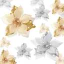 WILLBOND 36 Pieces Christmas Poinsettia Glitter Faux Flowers Christmas Artificial Flowers Tree Ornaments Topper Xmas Decorations (Gold, Silver)
