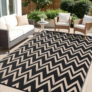OLANLY Waterproof Outdoor Rug 8x10 ft Clearance, Reversible Outdoor Plastic Straw Rug, RV Mat, Indoor Outdoor Carpet for Patio, Camping, Balcony, Deck, Backyard, Black & Beige