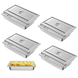 Hotel Pan, Full Size Steam Table Pan 4" Deep Stainless Steam Table Pan with Lid Full Size Food Pan 20.8" L x 13" W Anti Jam Stainless Steel Buffet Pan Commercial Stainless Steel Pan (4 Pack)