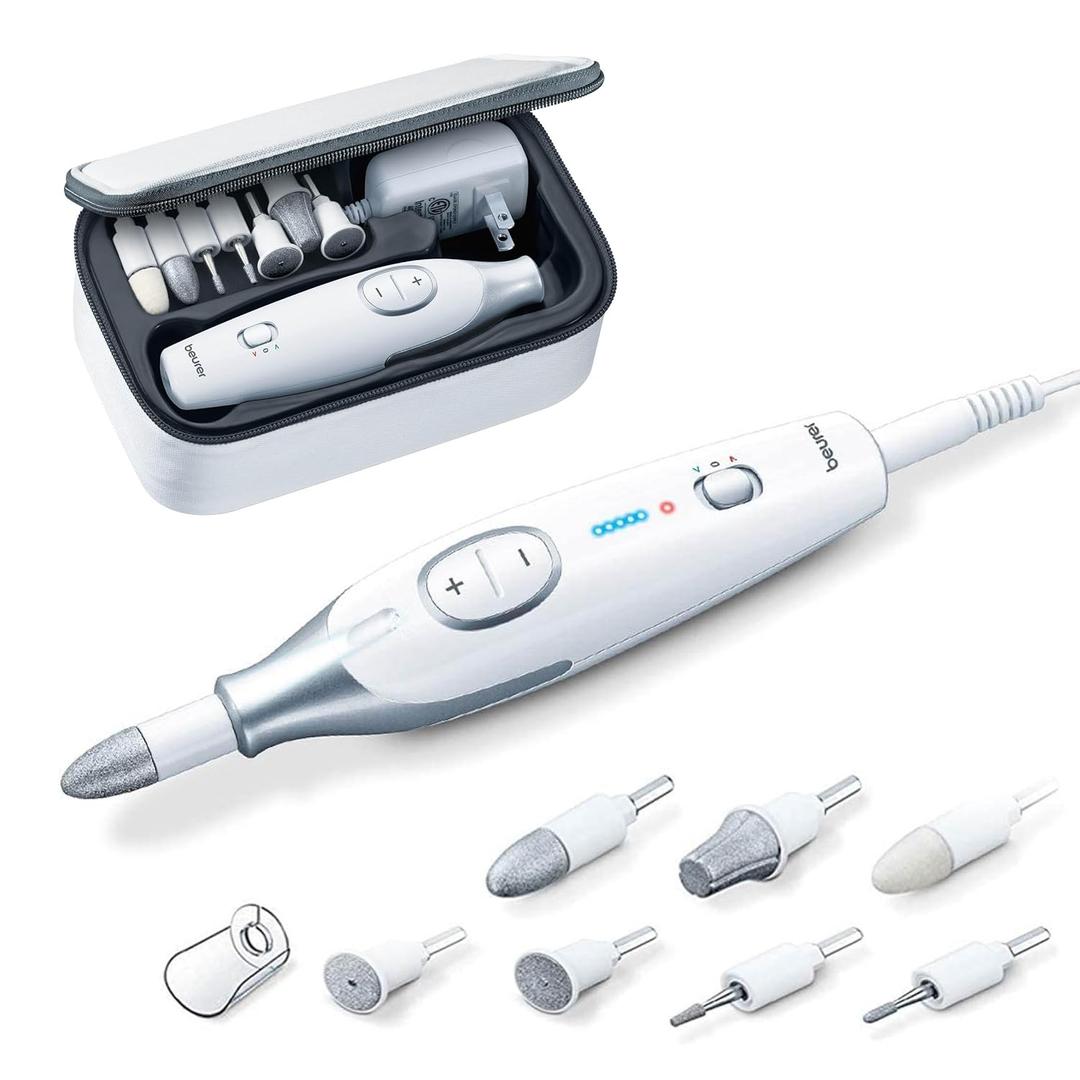 Beurer MP42 Nail Drill, 7-in-1 Nail Kit with Strong Sapphire Nail Drill Bits, Electric Nail File and Nail Buffer Includes Bright LED Light, Pedicure Kit and Manicure Set with Storage Case (White - 7 Attachments)