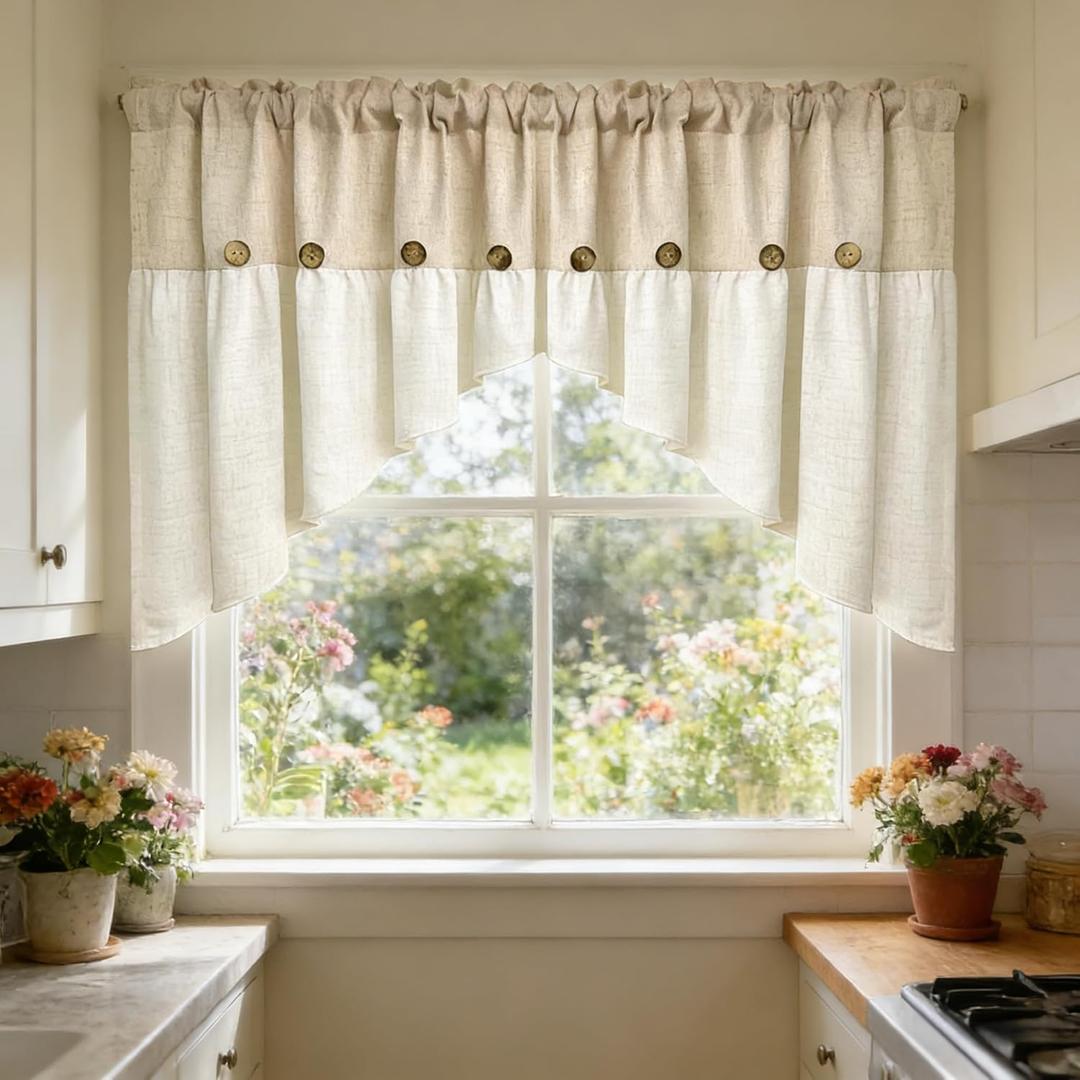 Gxi Beige Linen Curtain Swag for Living Room Button Kitchen Curtain Farmhouse Valance Privacy Rod Pocket Boho Window Tiers for Small Windows Bathroom Bedroom 1 Panel, W79 x L35 inch
