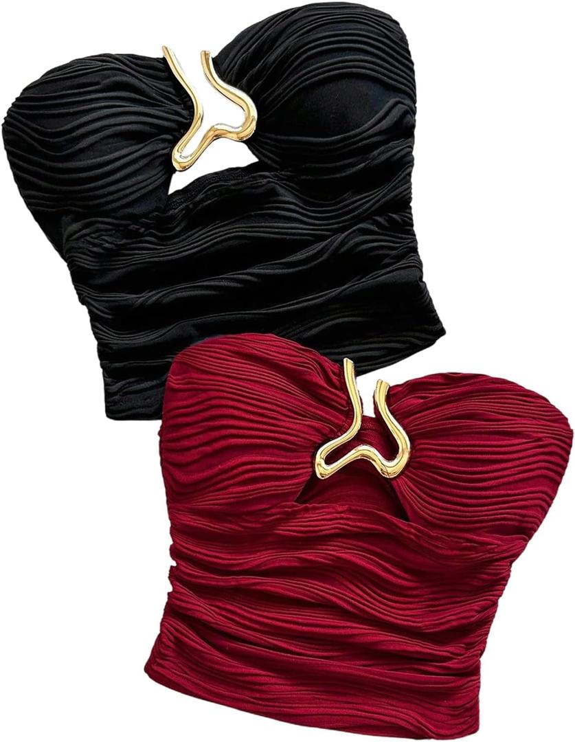 SOLY HUX Women's 2 Piece Strapless Tube Top Textured Sleeveless Y2k Bandeau Crop Tops