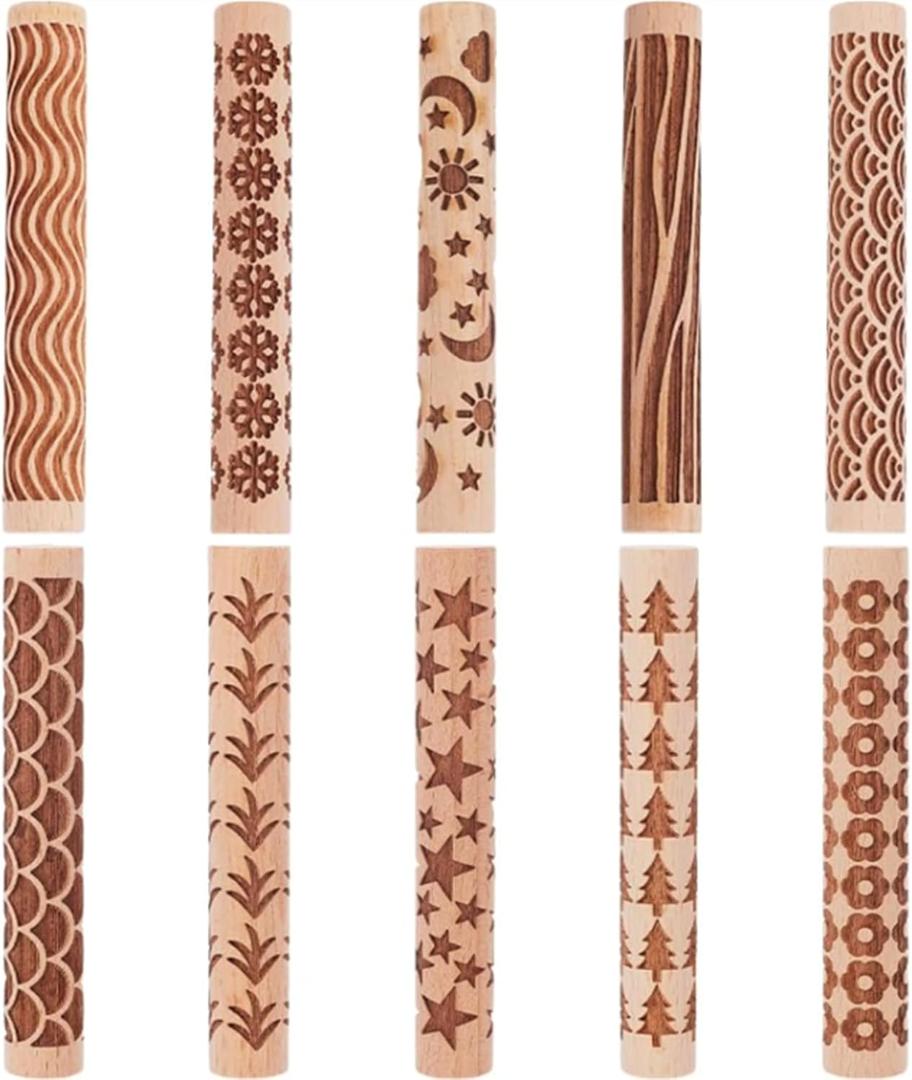 Wooden Clay Texture Rollers Set 10Pcs for Pottery Clay Roller and Texture Roller Tool Set with 10 Wooden Stamps & Textured Rolling Pins for Ceramics, DIY Handmade Art and Craft Supplies.