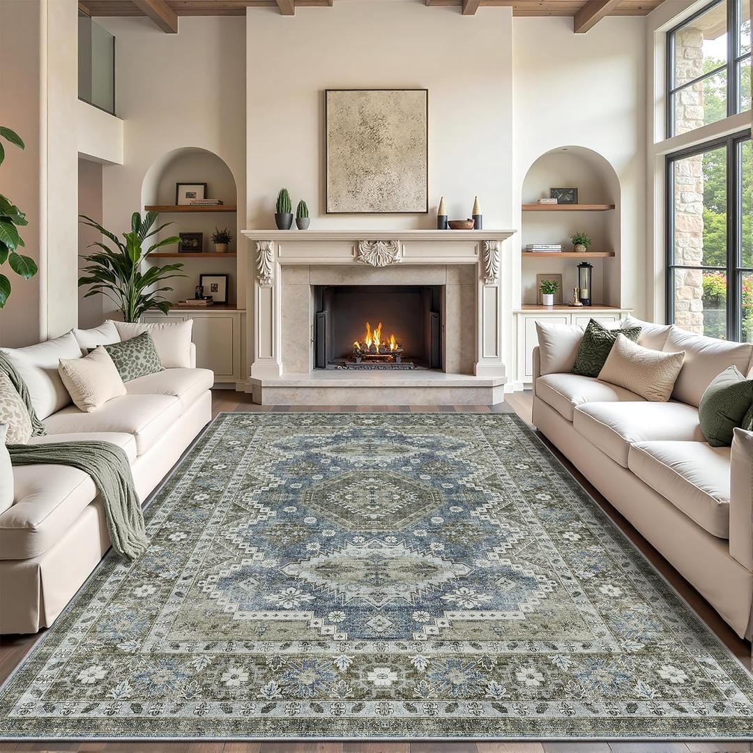 Rugland 9x12 Area Rug - Stain Resistant Washable Rug, Anti Slip Backing Rugs for Living Room, Vintage Tribal Area Rugs (TPR07-Green, 9'x12') Rugland 9x12 Area Rug - Stain Resistant Washable Rug, Anti Slip Backing Rugs for Living Room, Vintage Tribal Area Rugs (TPR07-Green, 9'x12')