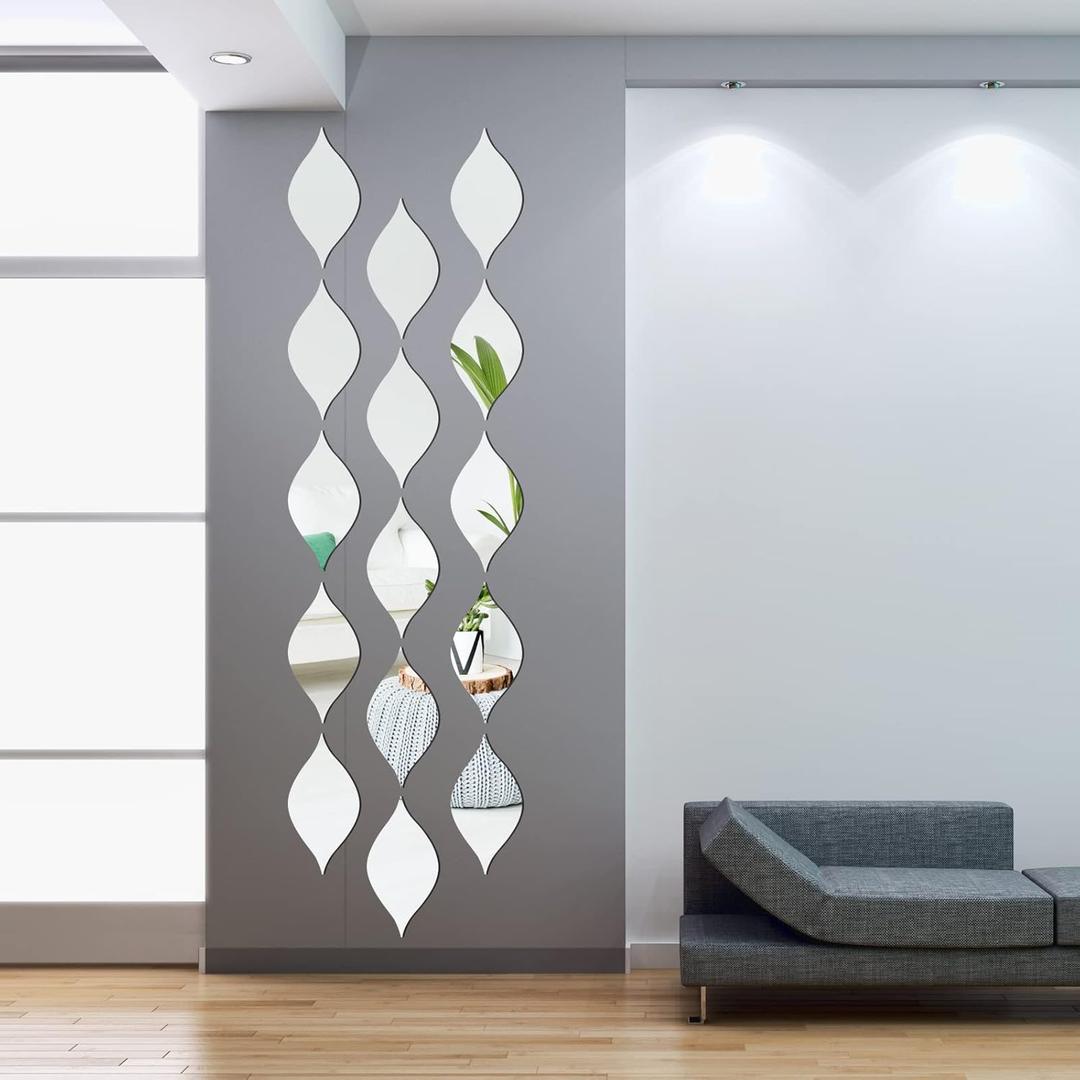 Amyhill 15 Pack Teardop Mirror Stickers Wall Decor Decals Wavy Acrylic Mirror Removable Wall Stickers 3D DIY Art for Living Room Bathroom Home Decoration, 11.8 x 6.6 Inch(Teardrop,Silver)
