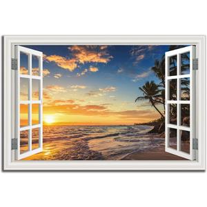 Seascape Beach Wall Art Print for Living Room - Window Frame Style Canvas Wall Decor Ocean Wave - Tropical Palm Tree Picture for Bedroom Office Home Decoration, 36"L x 24"W