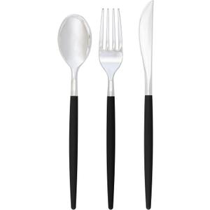 Luxe Party 128 Pieces Two Tone Plastic Disposable Cutlery | Forks-Spoons-Knives | Full Size | Chic Round | Black and Silver