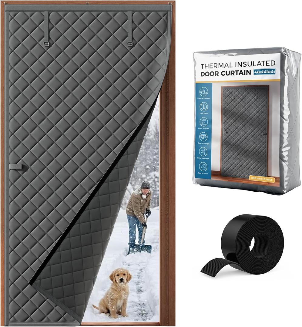 Augblinds Thermal Insulated Door Curtain Fits Door Size 36 x 80 Inch, Oxford Cloth Thicken Cotton Filled, Curtain Size 39" x 82", Single Piece Door Insulation Blanket Cover for Cold in Winter, Grey 